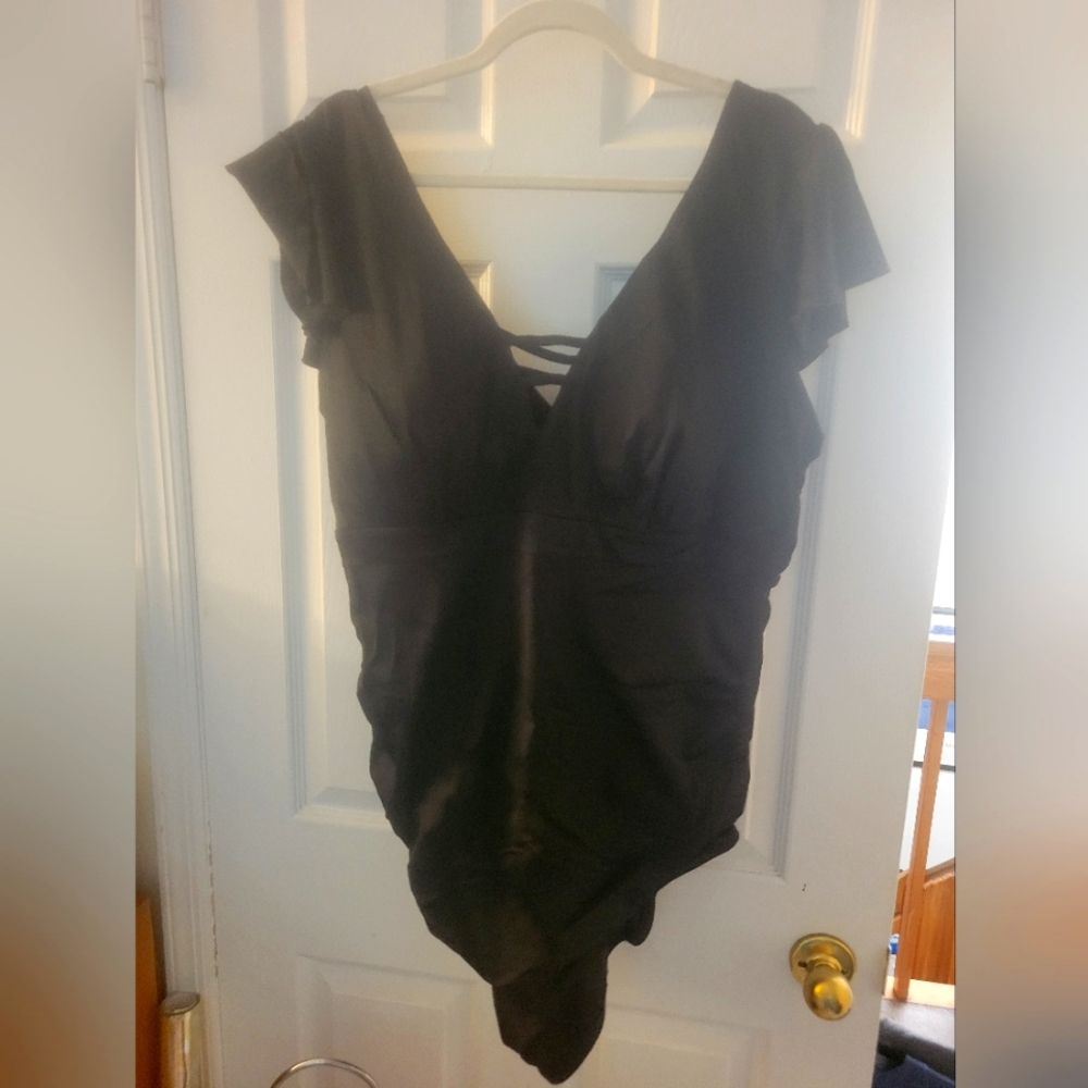 One piece swimsuit, flutter detail and criss-cross front and back
